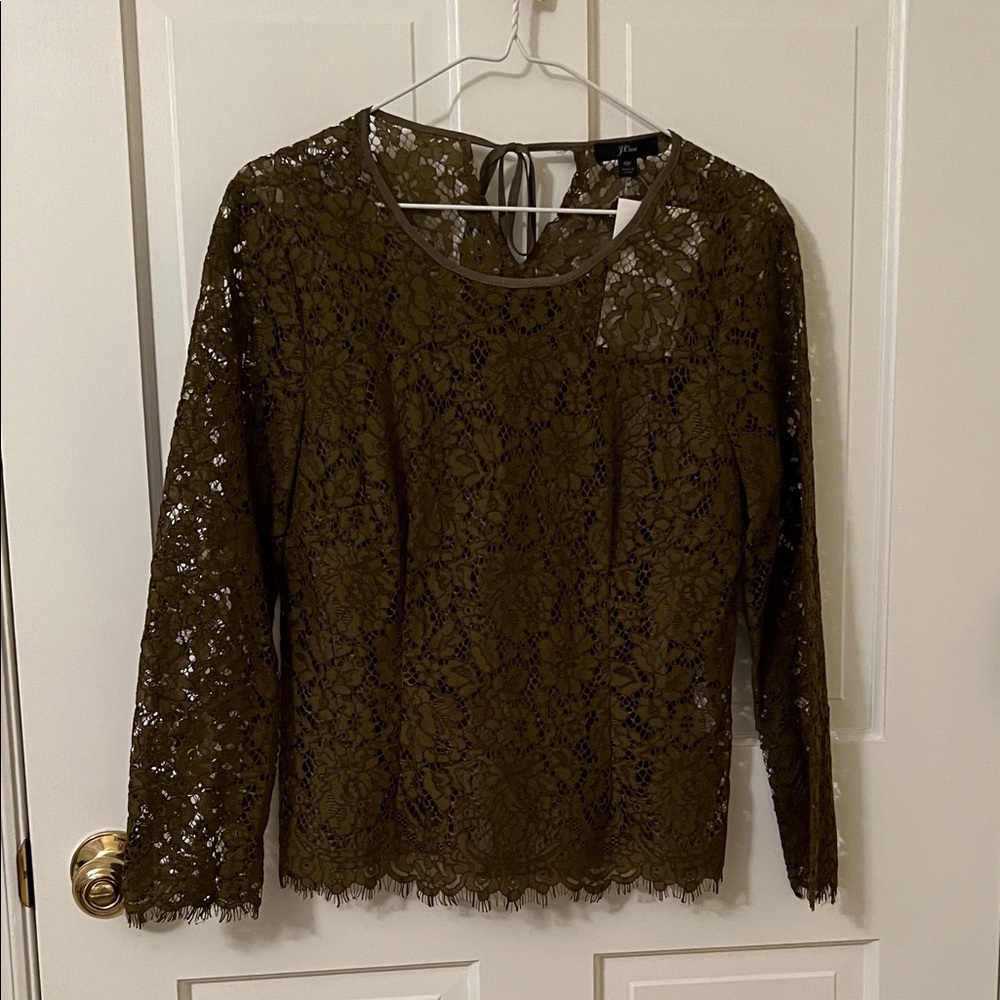 J Crew Lace Long Sleeve Top - Olive Green 6P NWT